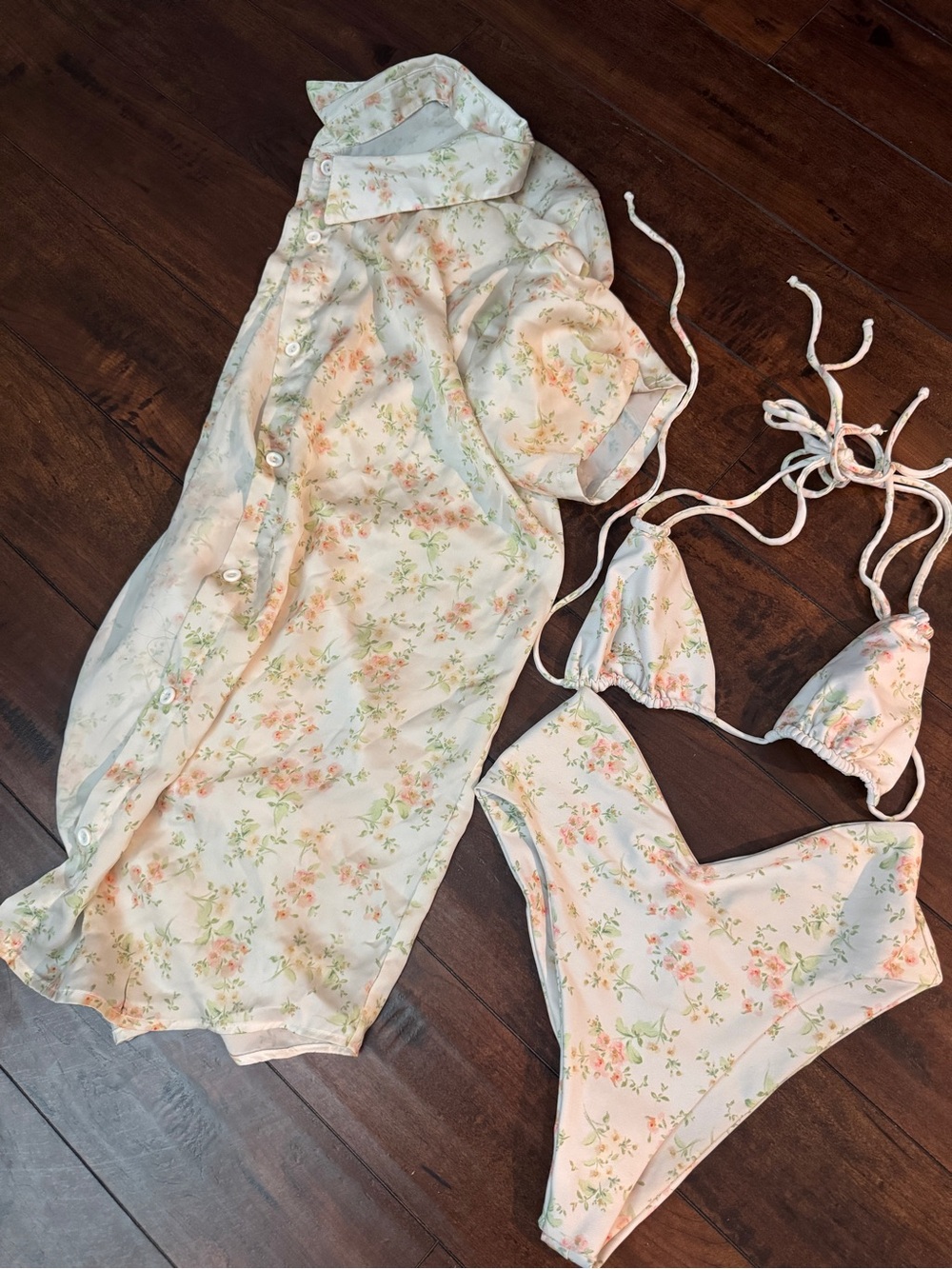 Skatie Cream Floral Bikini Set with Cover-Up in Pink & Green